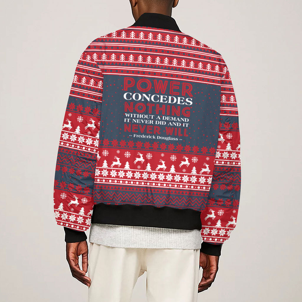 Frederick Douglass Christmas Sleeve Zip Bomber Jacket Power Concedes Nothing Quote Ugly Sweater Knitted Pattern