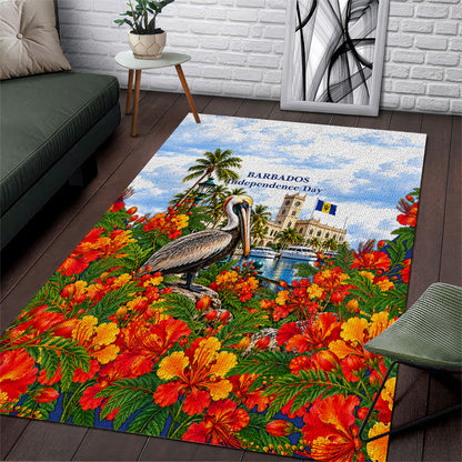 Barbados Independence Day Pelican Area Rug Patriotic Tropical Island Scenery And Exotic Flowers
