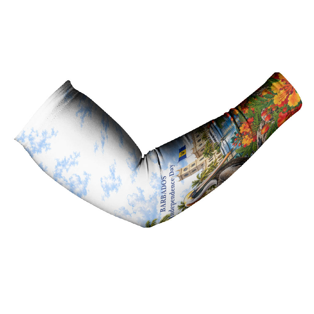 Barbados Independence Day Pelican Arm Sleeves Patriotic Tropical Island Scenery And Exotic Flowers