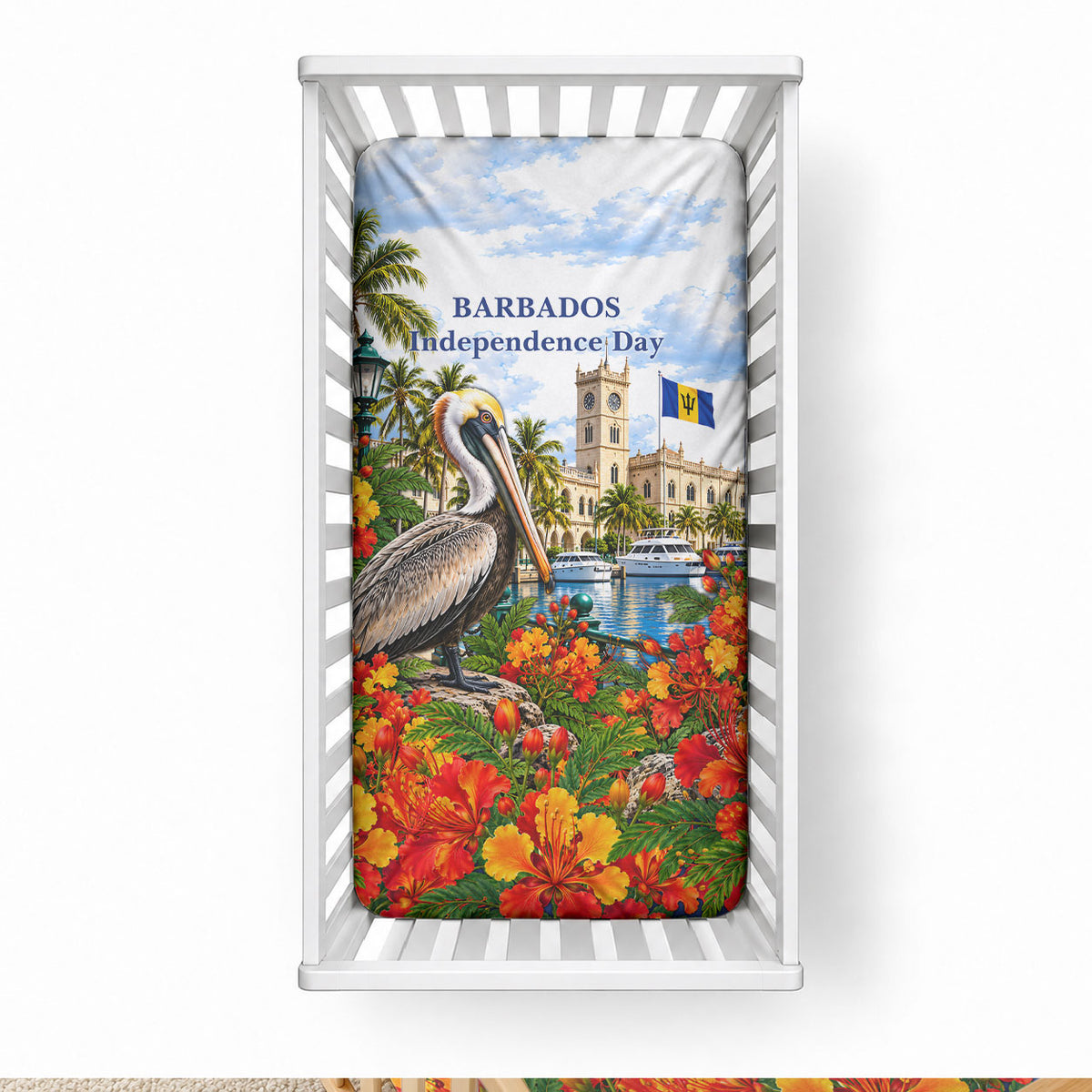 Barbados Independence Day Pelican Baby Bed Cover Patriotic Tropical Island Scenery And Exotic Flowers
