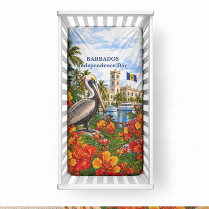 Barbados Independence Day Pelican Baby Bed Cover Patriotic Tropical Island Scenery And Exotic Flowers