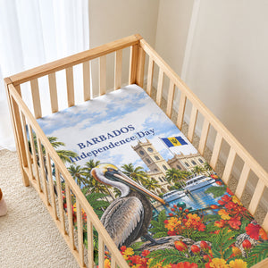 Barbados Independence Day Pelican Baby Bed Cover Patriotic Tropical Island Scenery And Exotic Flowers