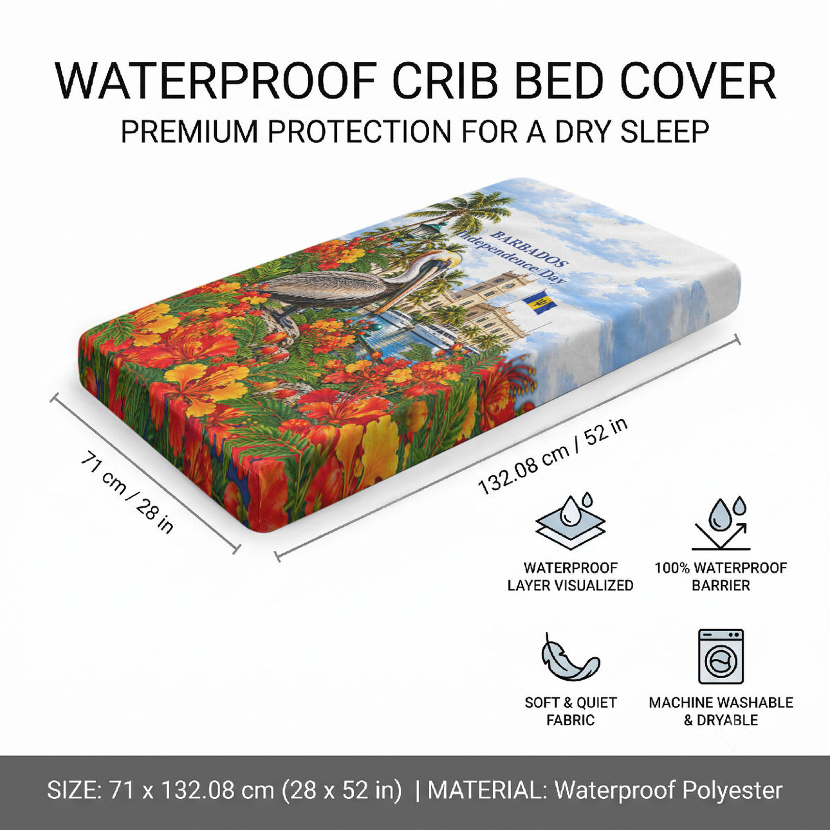 Barbados Independence Day Pelican Baby Bed Cover Patriotic Tropical Island Scenery And Exotic Flowers