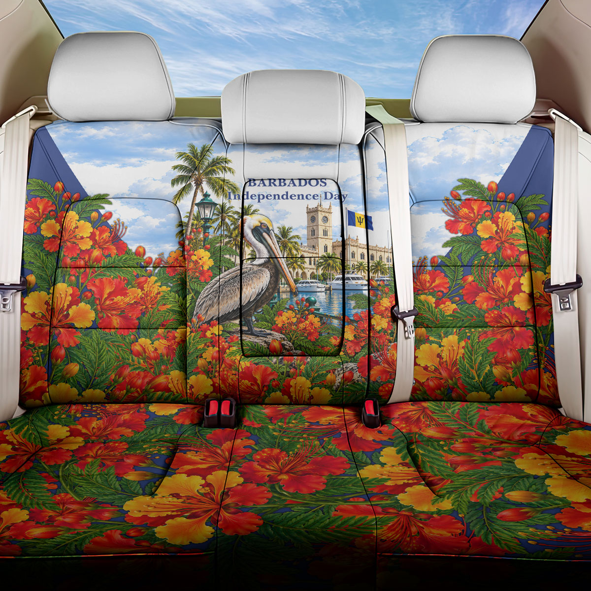 Barbados Independence Day Pelican Back Car Seat Cover Patriotic Tropical Island Scenery And Exotic Flowers