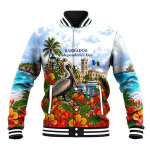 Barbados Independence Day Pelican Baseball Jacket Patriotic Tropical Island Scenery And Exotic Flowers