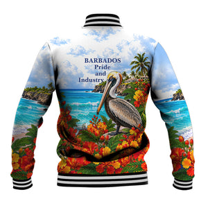 Barbados Independence Day Pelican Baseball Jacket Patriotic Tropical Island Scenery And Exotic Flowers