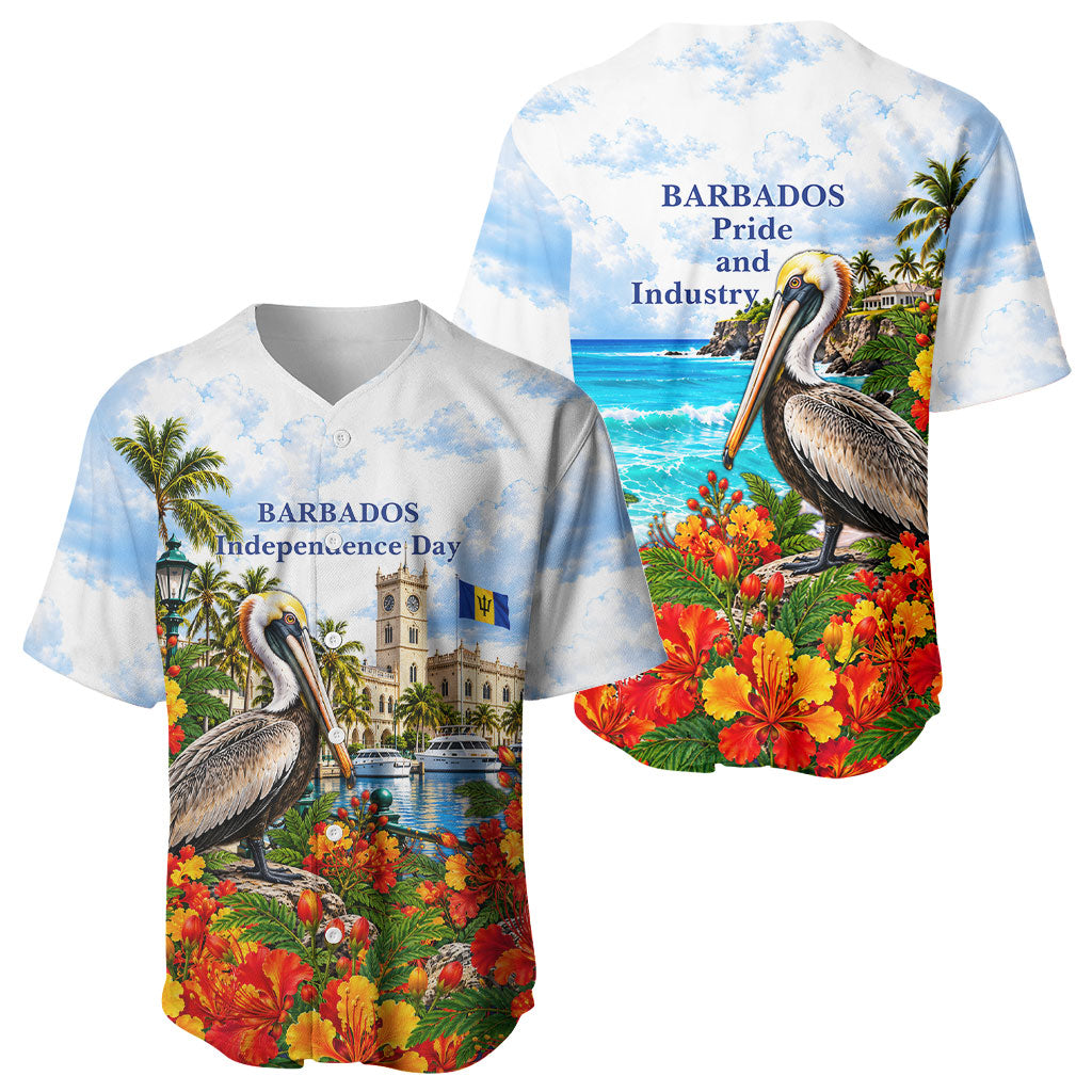 Barbados Independence Day Pelican Baseball Jersey Patriotic Tropical Island Scenery And Exotic Flowers