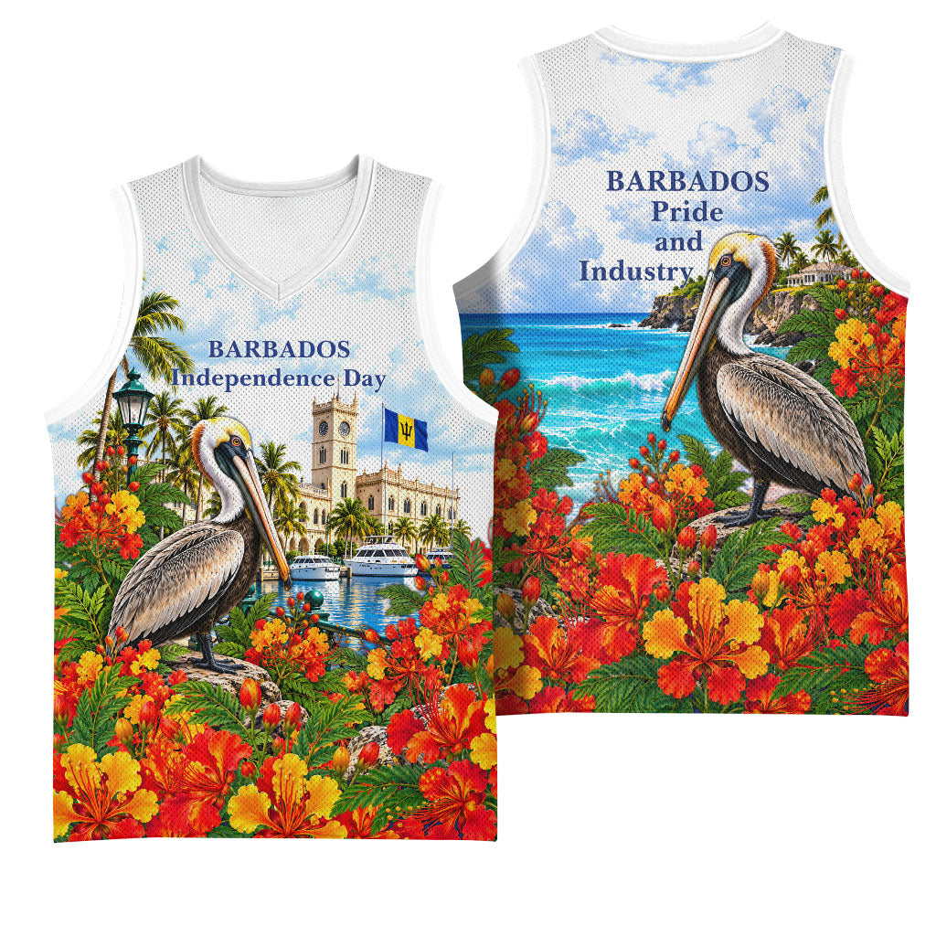 Barbados Independence Day Pelican Basketball Jersey Patriotic Tropical Island Scenery And Exotic Flowers