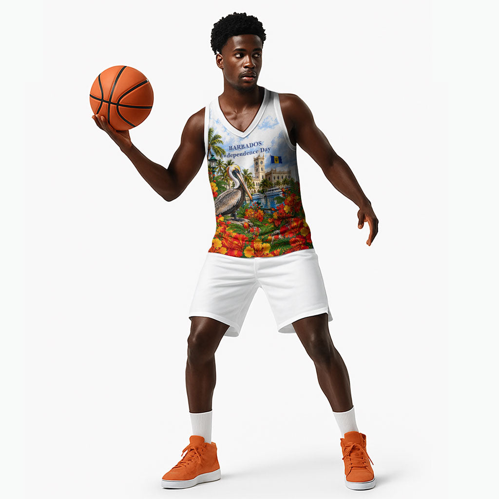 Barbados Independence Day Pelican Basketball Jersey Patriotic Tropical Island Scenery And Exotic Flowers