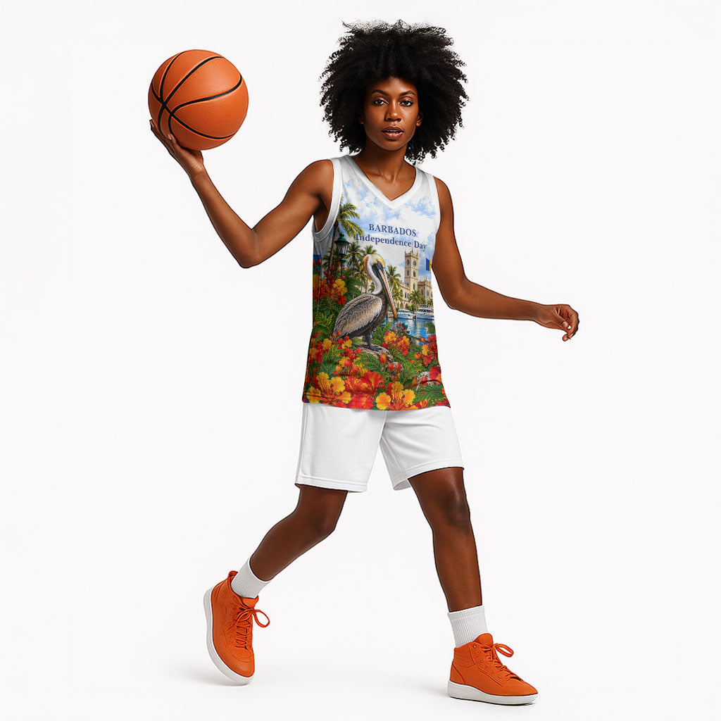 Barbados Independence Day Pelican Basketball Jersey Patriotic Tropical Island Scenery And Exotic Flowers