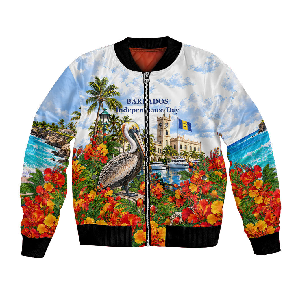 Barbados Independence Day Pelican Bomber Jacket Patriotic Tropical Island Scenery And Exotic Flowers