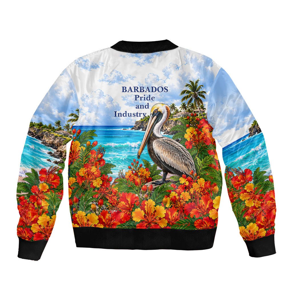 Barbados Independence Day Pelican Bomber Jacket Patriotic Tropical Island Scenery And Exotic Flowers