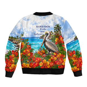 Barbados Independence Day Pelican Bomber Jacket Patriotic Tropical Island Scenery And Exotic Flowers