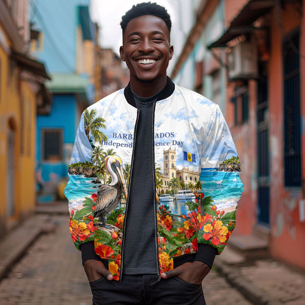 Barbados Independence Day Pelican Bomber Jacket Patriotic Tropical Island Scenery And Exotic Flowers