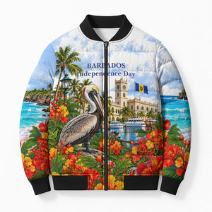 Barbados Independence Day Pelican Bomber Puffer Jacket Patriotic Tropical Island Scenery And Exotic Flowers
