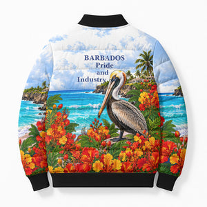 Barbados Independence Day Pelican Bomber Puffer Jacket Patriotic Tropical Island Scenery And Exotic Flowers