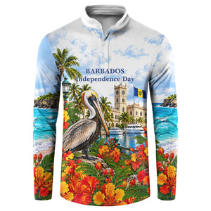 Barbados Independence Day Pelican Button Sweatshirt Patriotic Tropical Island Scenery And Exotic Flowers