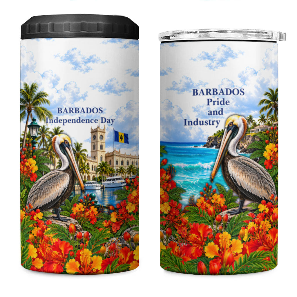 Barbados Independence Day Pelican 4 in 1 Can Cooler Tumbler Patriotic Tropical Island Scenery And Exotic Flowers