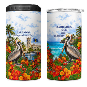 Barbados Independence Day Pelican 4 in 1 Can Cooler Tumbler Patriotic Tropical Island Scenery And Exotic Flowers