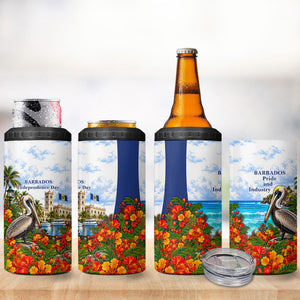 Barbados Independence Day Pelican 4 in 1 Can Cooler Tumbler Patriotic Tropical Island Scenery And Exotic Flowers