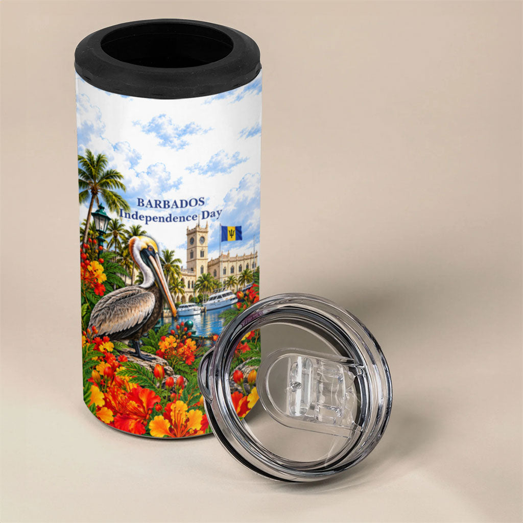 Barbados Independence Day Pelican 4 in 1 Can Cooler Tumbler Patriotic Tropical Island Scenery And Exotic Flowers