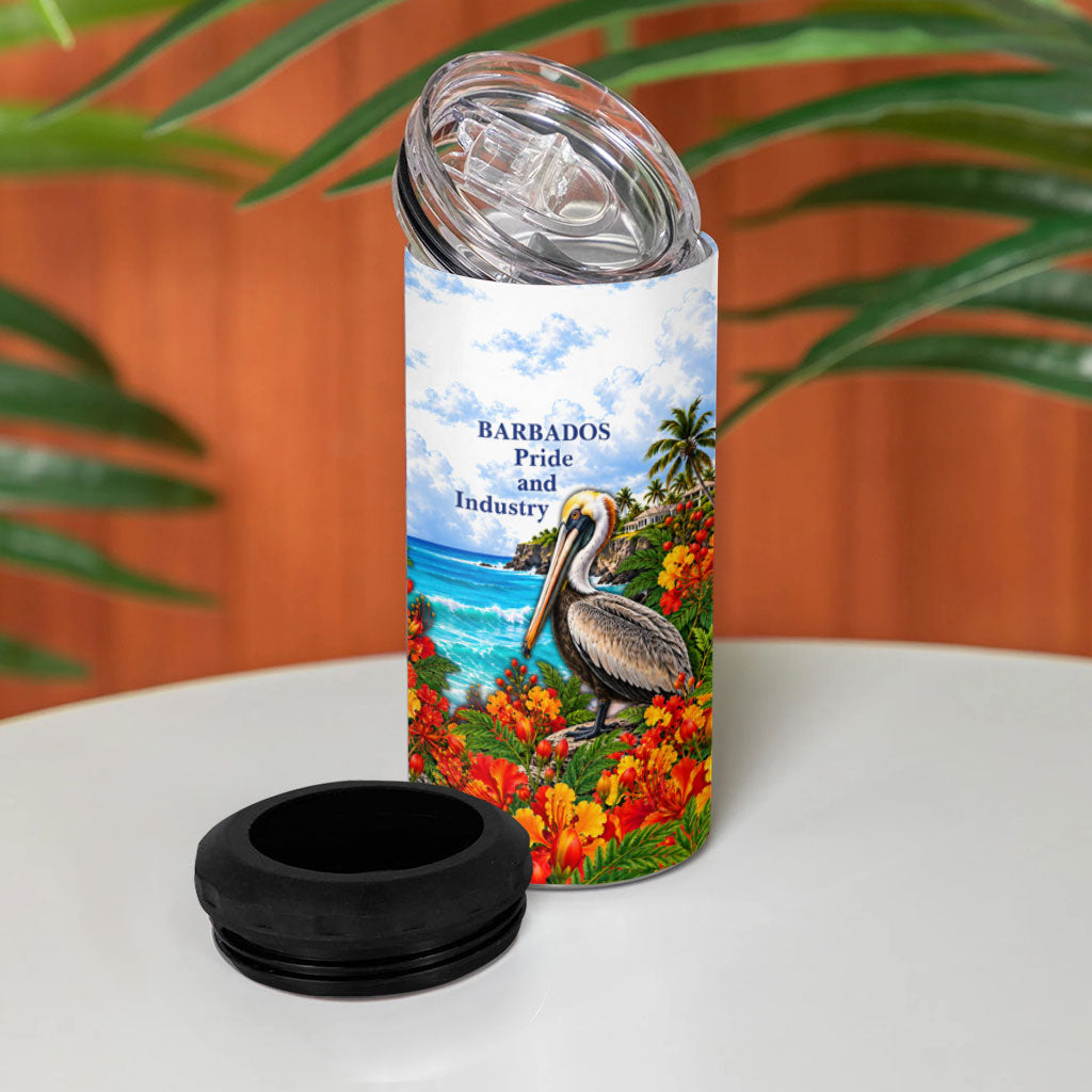 Barbados Independence Day Pelican 4 in 1 Can Cooler Tumbler Patriotic Tropical Island Scenery And Exotic Flowers