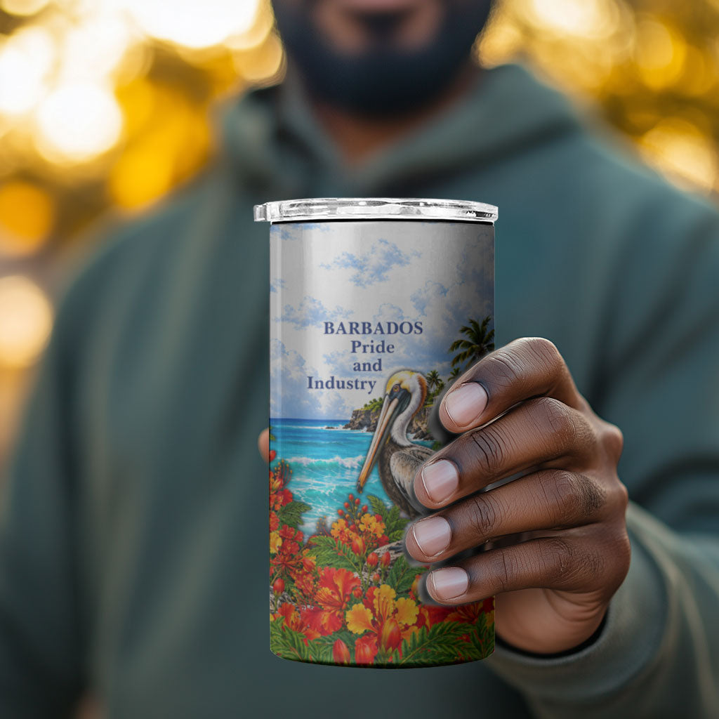 Barbados Independence Day Pelican 4 in 1 Can Cooler Tumbler Patriotic Tropical Island Scenery And Exotic Flowers
