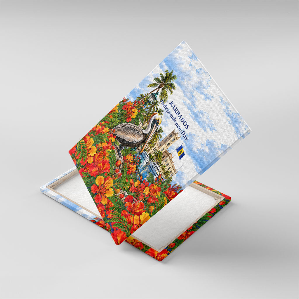Barbados Independence Day Pelican Canvas Wall Art Patriotic Tropical Island Scenery And Exotic Flowers