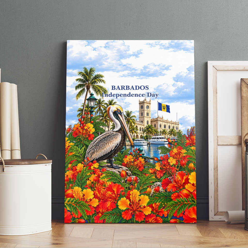 Barbados Independence Day Pelican Canvas Wall Art Patriotic Tropical Island Scenery And Exotic Flowers