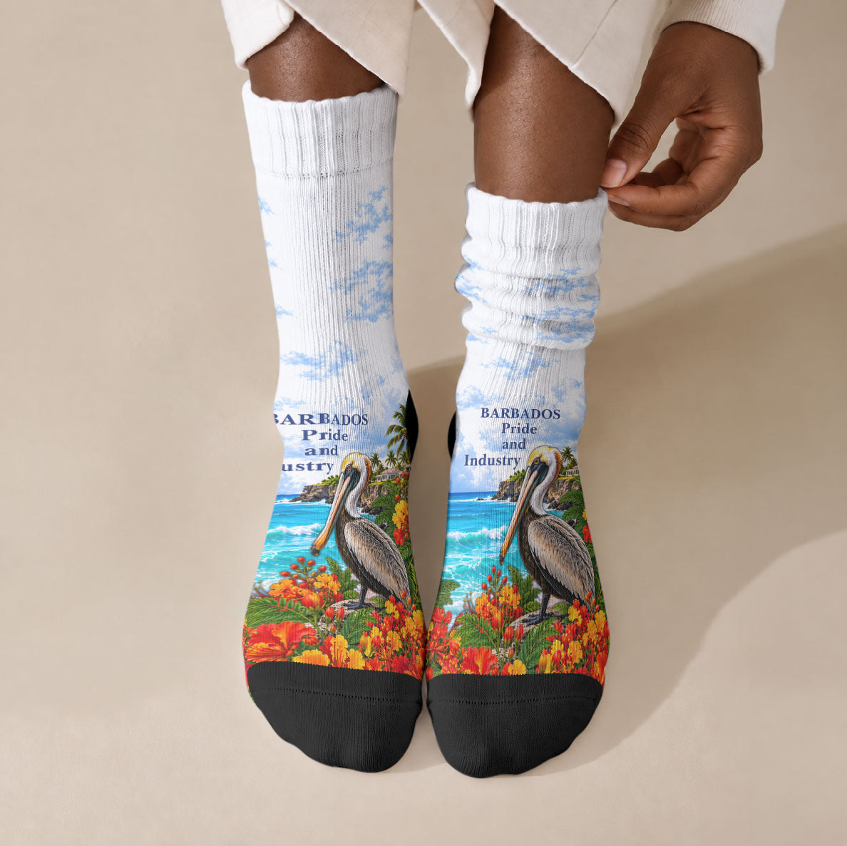 Barbados Independence Day Pelican Crew Socks Patriotic Tropical Island Scenery And Exotic Flowers