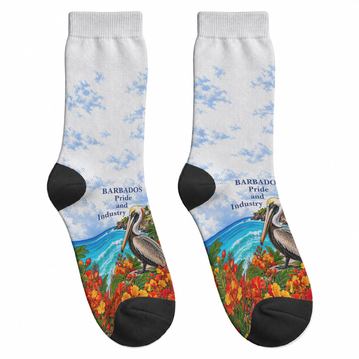 Barbados Independence Day Pelican Crew Socks Patriotic Tropical Island Scenery And Exotic Flowers