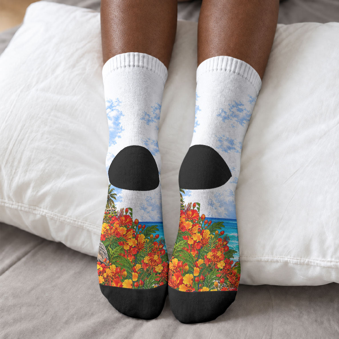 Barbados Independence Day Pelican Crew Socks Patriotic Tropical Island Scenery And Exotic Flowers