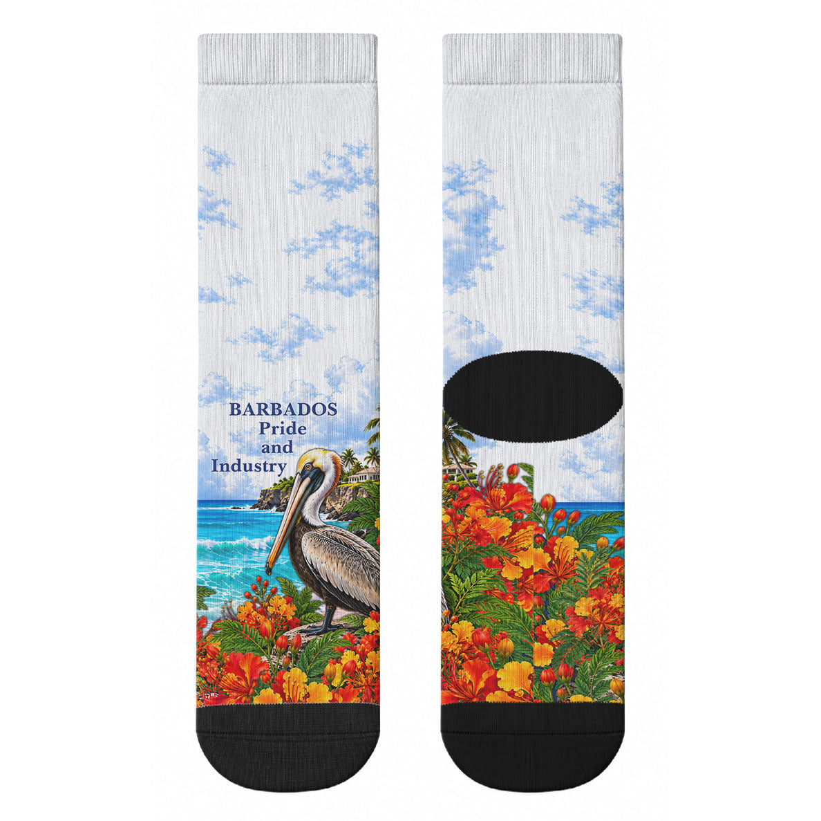 Barbados Independence Day Pelican Crew Socks Patriotic Tropical Island Scenery And Exotic Flowers