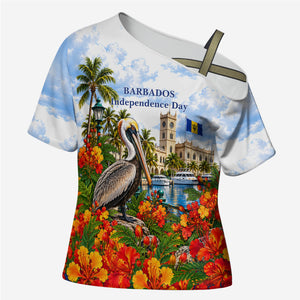 Barbados Independence Day Pelican Cross Shoulder Shirt Patriotic Tropical Island Scenery And Exotic Flowers