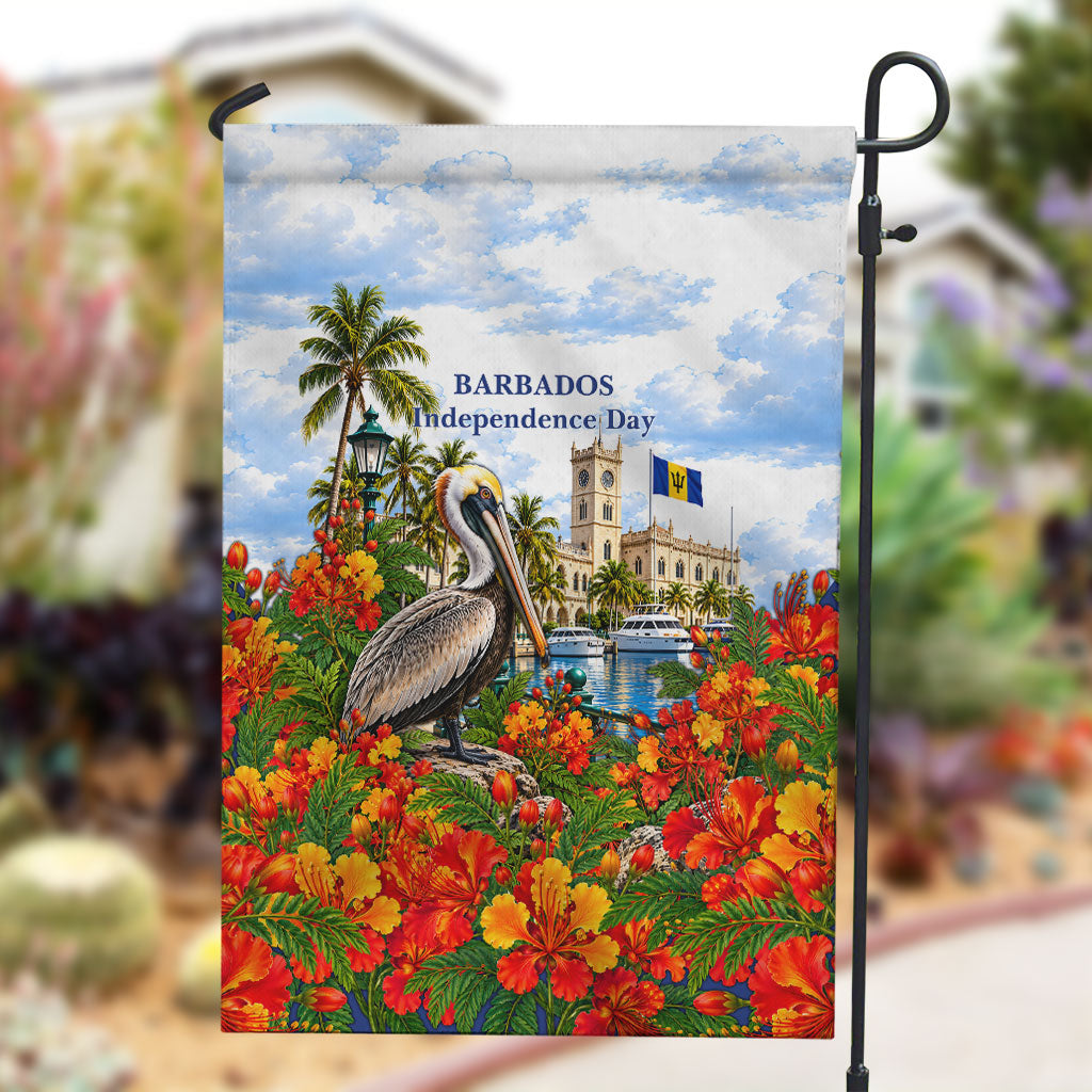 Barbados Independence Day Pelican Garden Flag Patriotic Tropical Island Scenery And Exotic Flowers