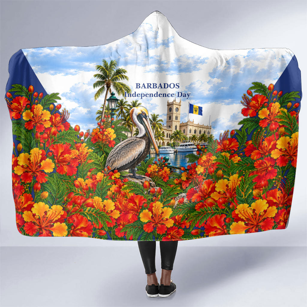 Barbados Independence Day Pelican Hooded Blanket Patriotic Tropical Island Scenery And Exotic Flowers