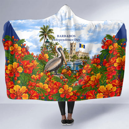 Barbados Independence Day Pelican Hooded Blanket Patriotic Tropical Island Scenery And Exotic Flowers