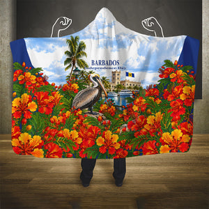 Barbados Independence Day Pelican Hooded Blanket Patriotic Tropical Island Scenery And Exotic Flowers