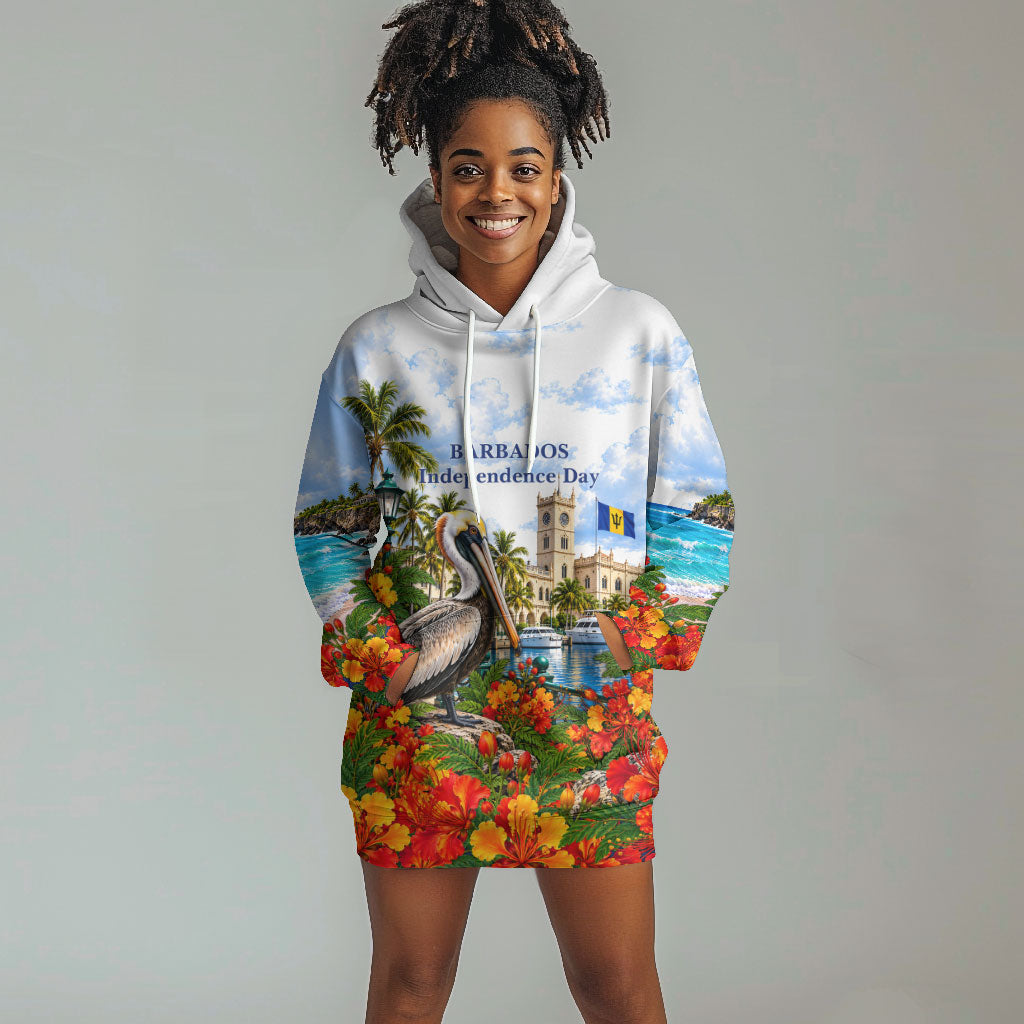 Barbados Independence Day Pelican Hoodie Dress Patriotic Tropical Island Scenery And Exotic Flowers