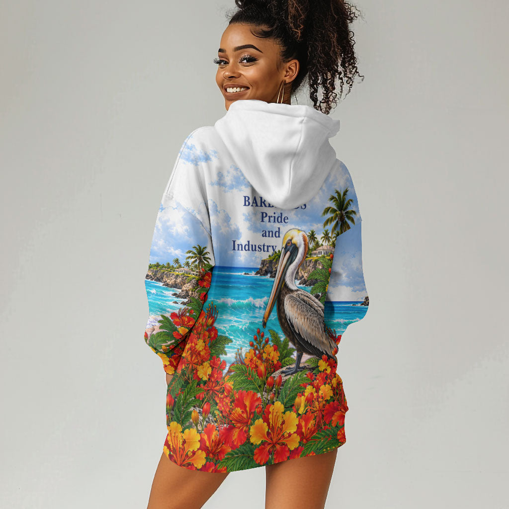 Barbados Independence Day Pelican Hoodie Dress Patriotic Tropical Island Scenery And Exotic Flowers