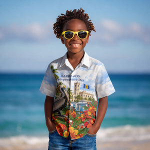 Barbados Independence Day Pelican Kid Hawaiian Shirt Patriotic Tropical Island Scenery And Exotic Flowers