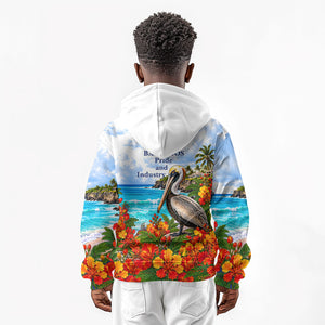 Barbados Independence Day Pelican Kid Hoodie Patriotic Tropical Island Scenery And Exotic Flowers
