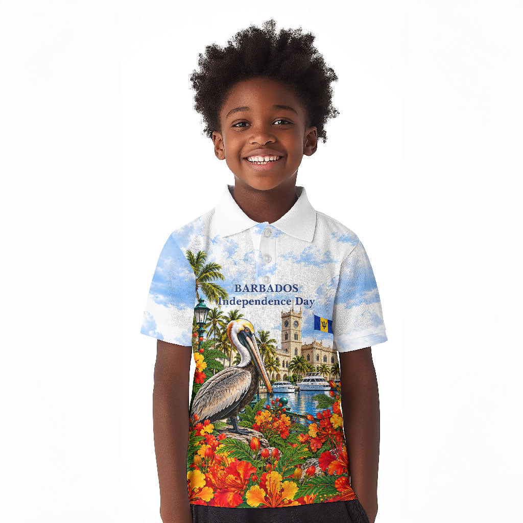 Barbados Independence Day Pelican Kid Polo Shirt Patriotic Tropical Island Scenery And Exotic Flowers