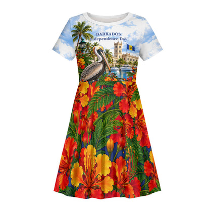 Barbados Independence Day Pelican Kid Short Sleeve Dress Patriotic Tropical Island Scenery And Exotic Flowers