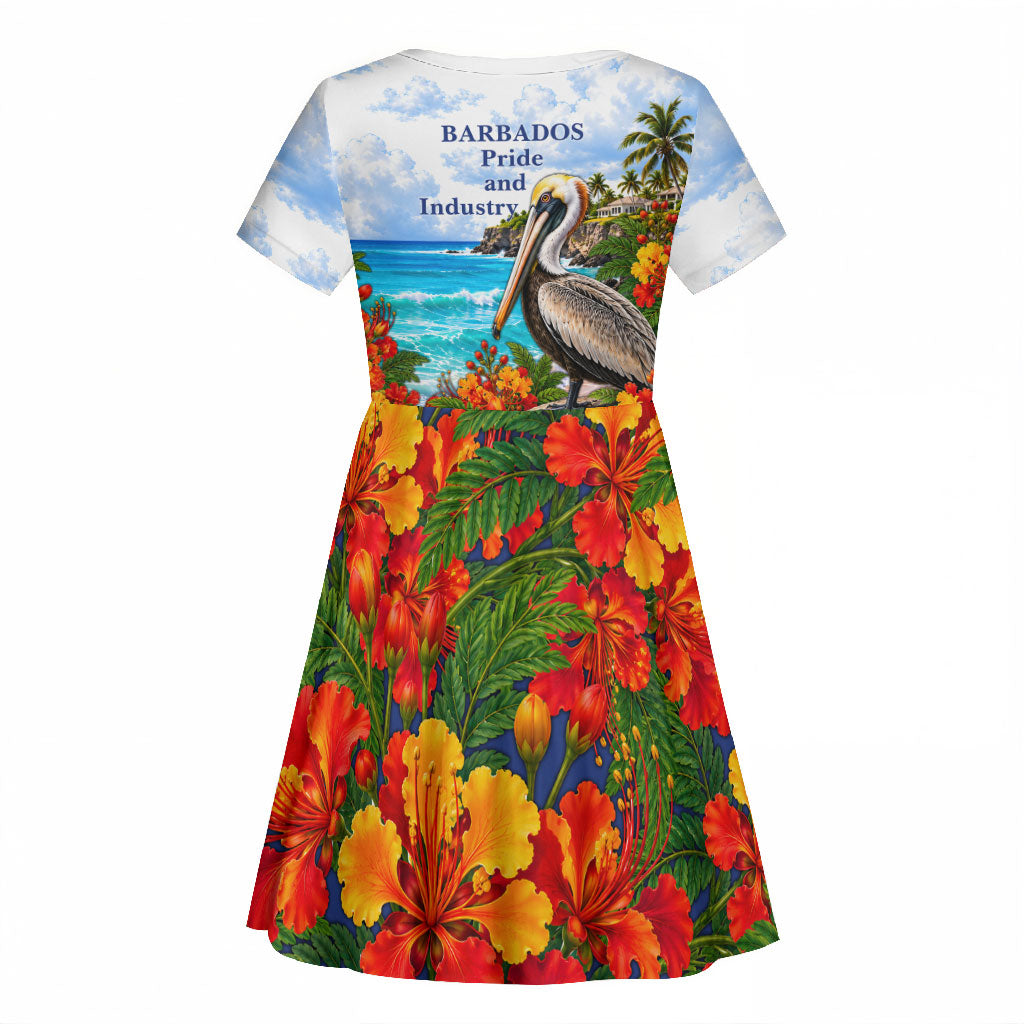 Barbados Independence Day Pelican Kid Short Sleeve Dress Patriotic Tropical Island Scenery And Exotic Flowers