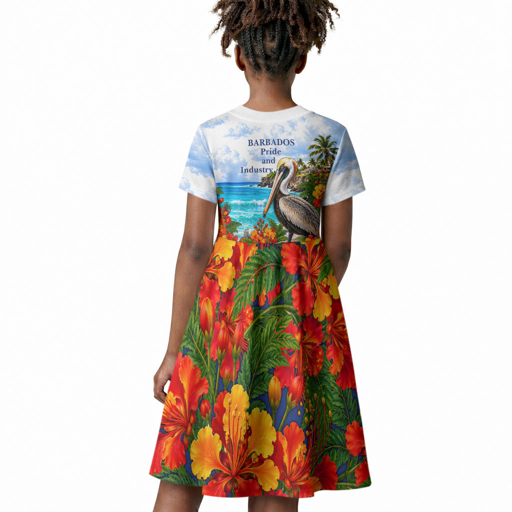 Barbados Independence Day Pelican Kid Short Sleeve Dress Patriotic Tropical Island Scenery And Exotic Flowers