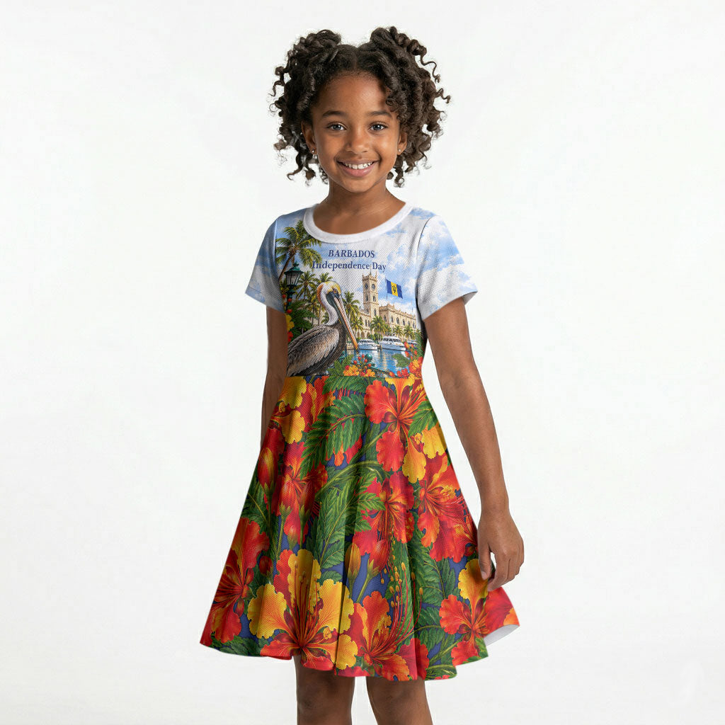 Barbados Independence Day Pelican Kid Short Sleeve Dress Patriotic Tropical Island Scenery And Exotic Flowers