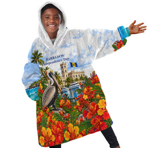 Barbados Independence Day Pelican Kid Wearable Blanket Hoodie Patriotic Tropical Island Scenery And Exotic Flowers