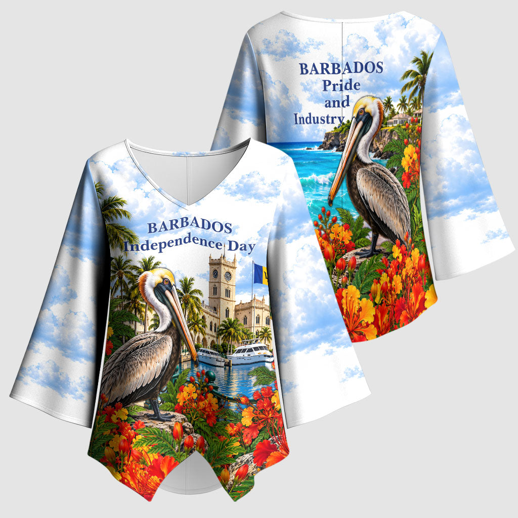 Barbados Independence Day Pelican Kimono Sleeve Blouse Patriotic Tropical Island Scenery And Exotic Flowers