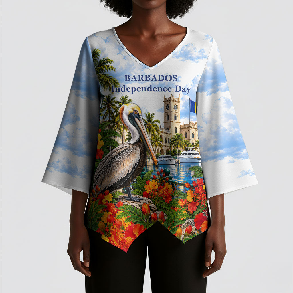 Barbados Independence Day Pelican Kimono Sleeve Blouse Patriotic Tropical Island Scenery And Exotic Flowers